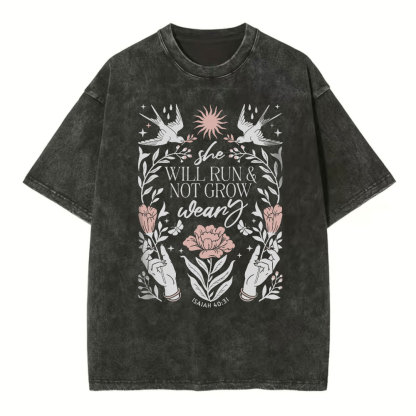 She Will Run And Not Grow Weary Christian Washed T-Shirt