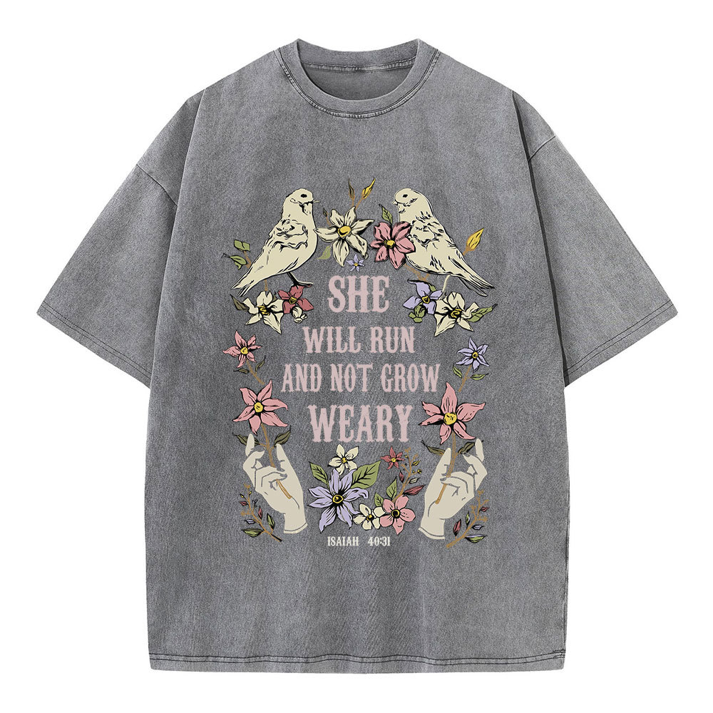 She Will Run And Not Grow Weary Christian Washed T-Shirt