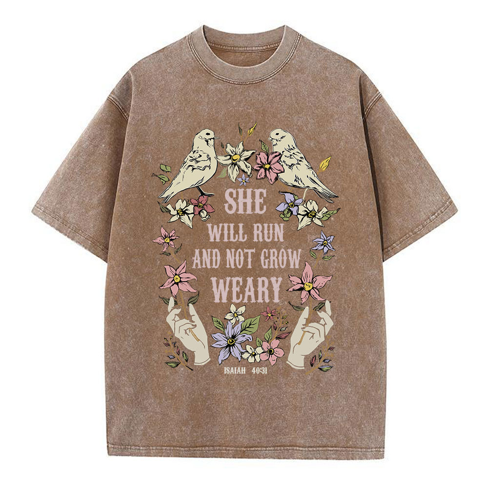 She Will Run And Not Grow Weary Christian Washed T-Shirt