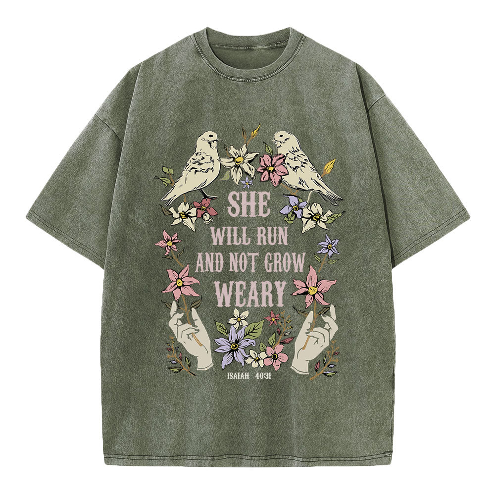 She Will Run And Not Grow Weary Christian Washed T-Shirt