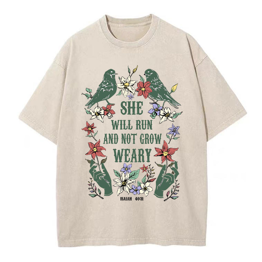 She Will Run And Not Grow Weary Christian Washed T-Shirt