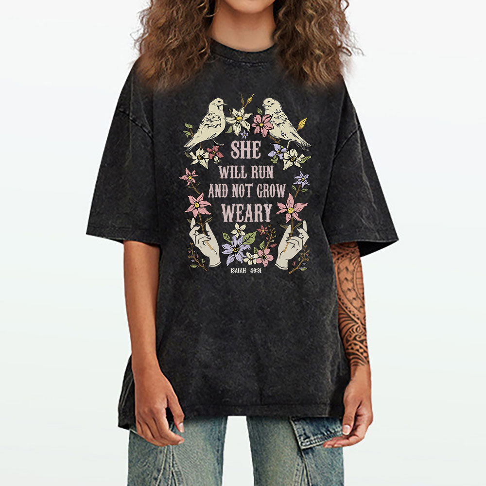 She Will Run And Not Grow Weary Christian Washed T-Shirt