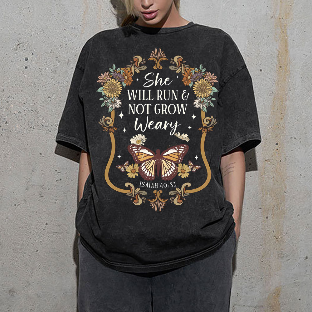 She Will Run And Not Grow Weary  Christian Washed T-Shirt