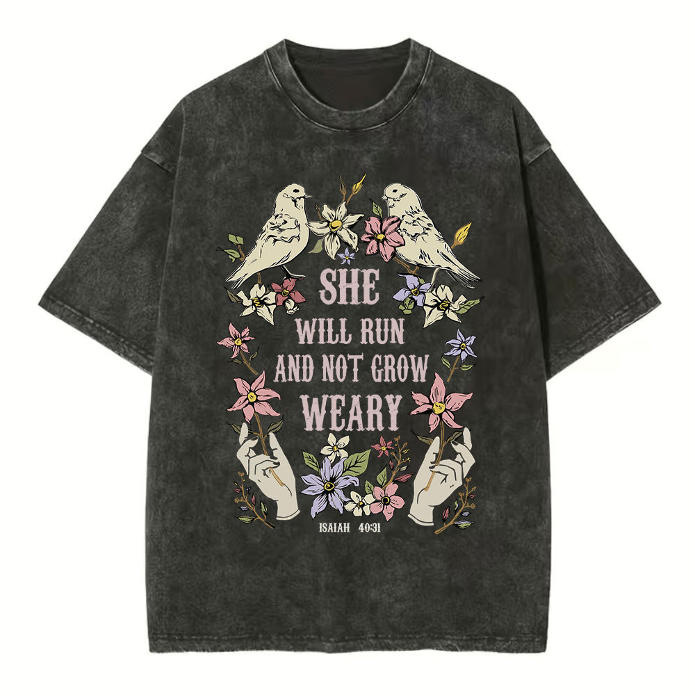 She Will Run And Not Grow Weary Christian Washed T-Shirt