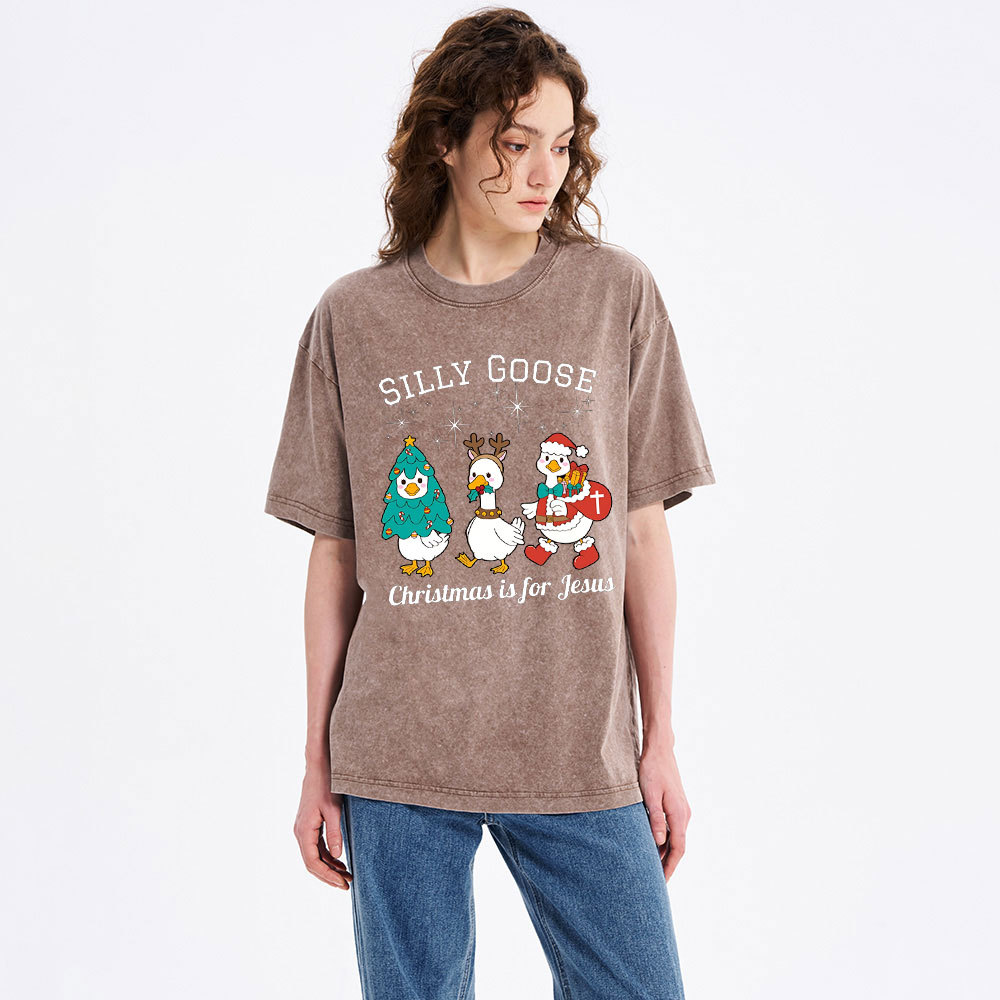 Silliest Goose Christmas Is For Jesus Christian Washed T-Shirt 