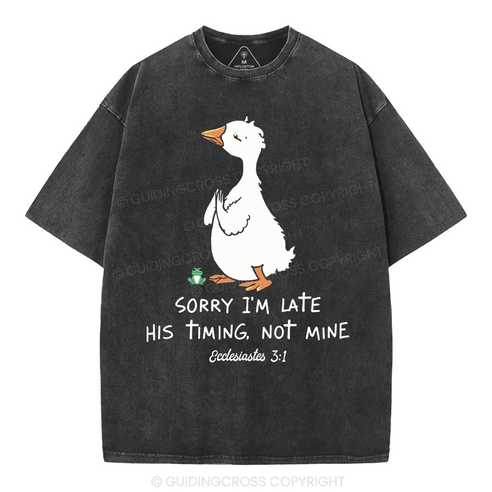 Sorry I'm Late His Timing Not Mine Christian Washed T-Shirt
