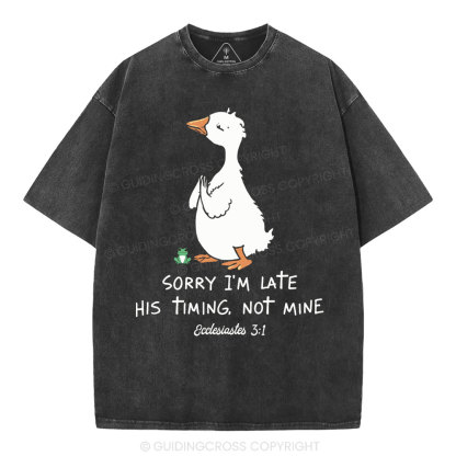 Sorry I'm Late His Timing Not Mine Christian Washed T-Shirt