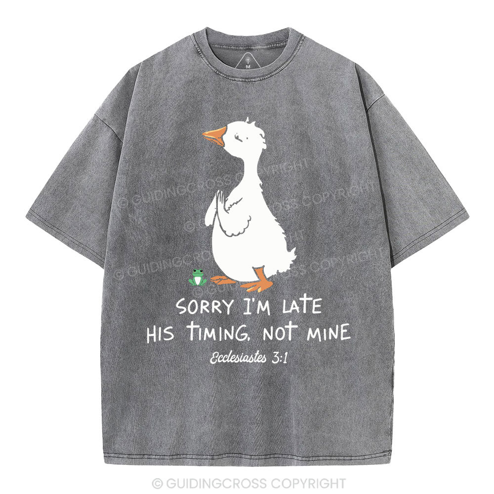 Sorry I'm Late His Timing Not Mine Christian Washed T-Shirt