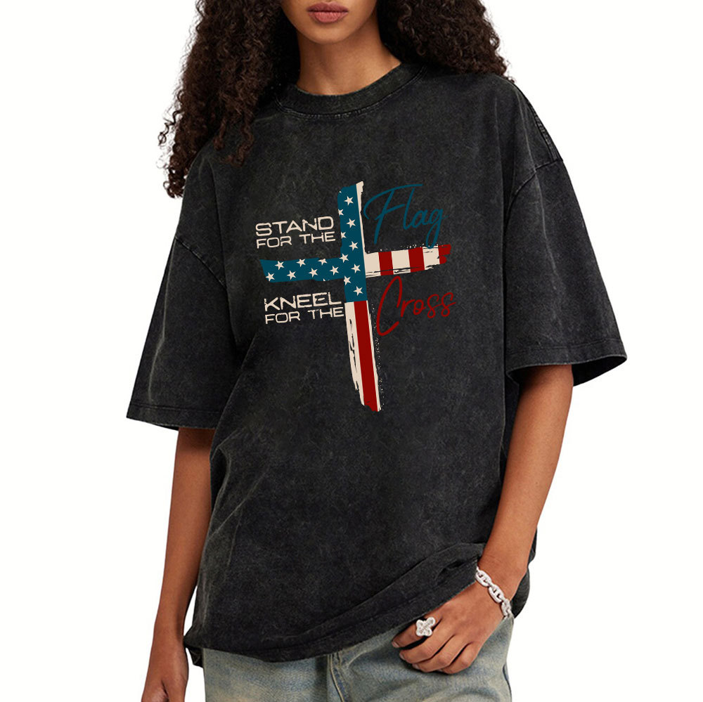 Stand For The Flag Kneel For The Cross Christian Washed T-Shirt