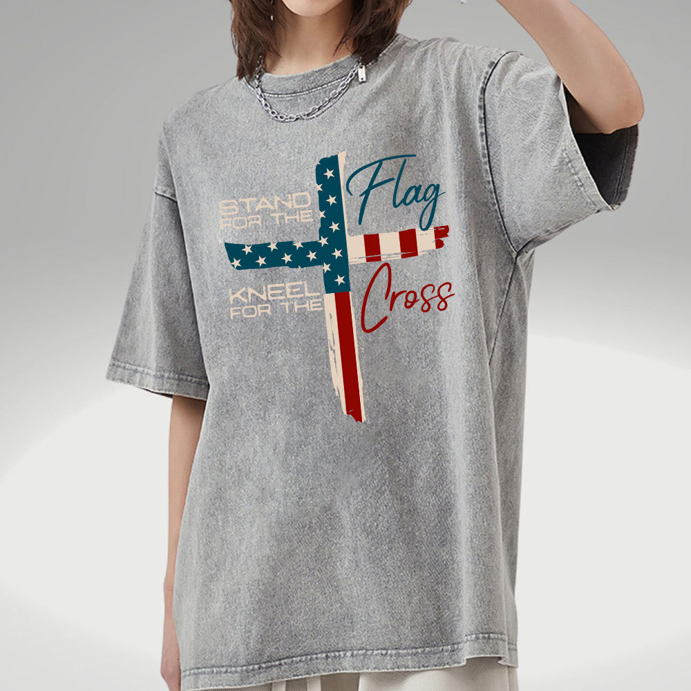Stand For The Flag Kneel For The Cross Christian Washed T-Shirt