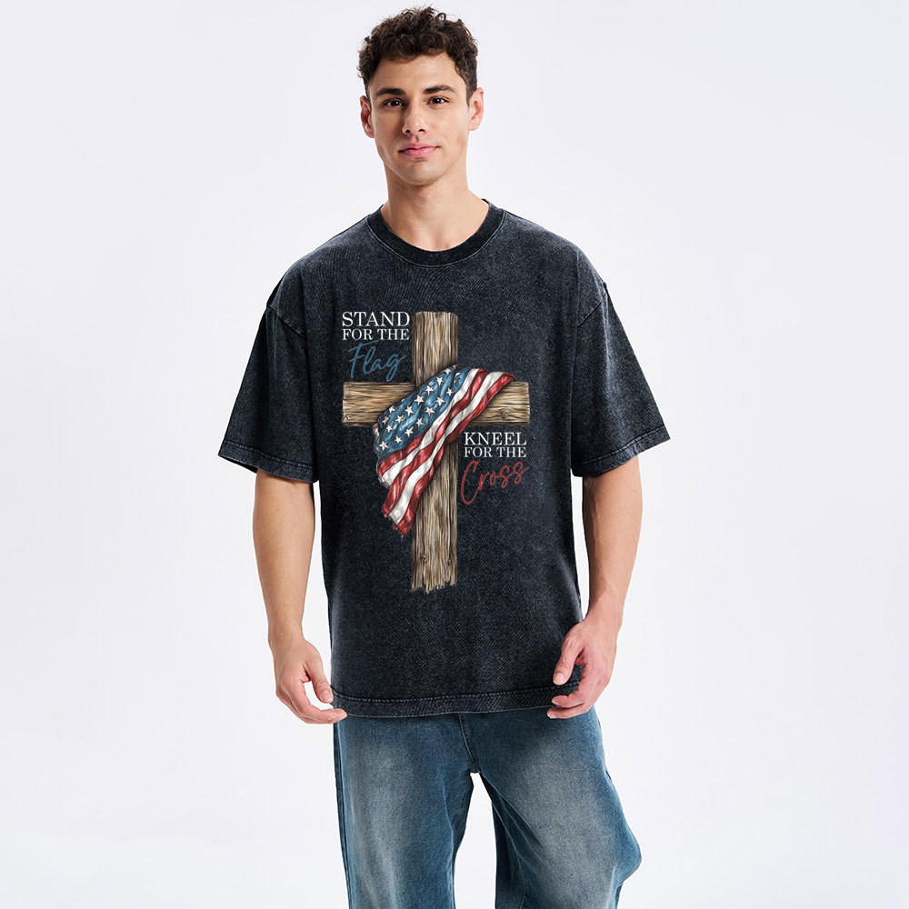 Stand For The Flag Kneel For The Cross Christian Washed T-Shirt