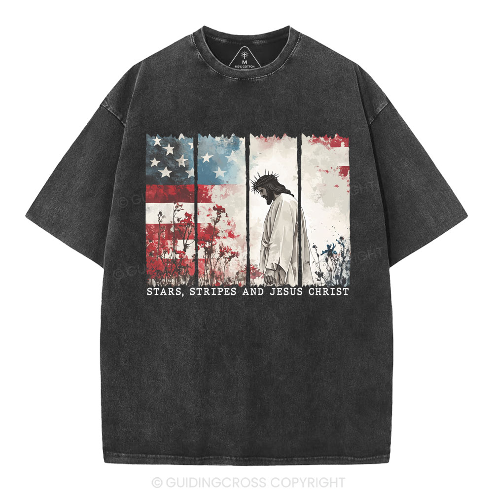 Star Stripes And Jesus Christ Christian Washed T-Shirt