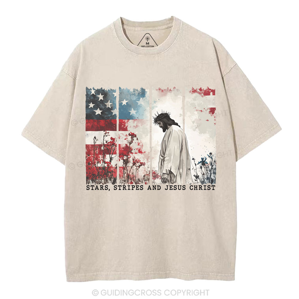 Star Stripes And Jesus Christ Christian Washed T-Shirt
