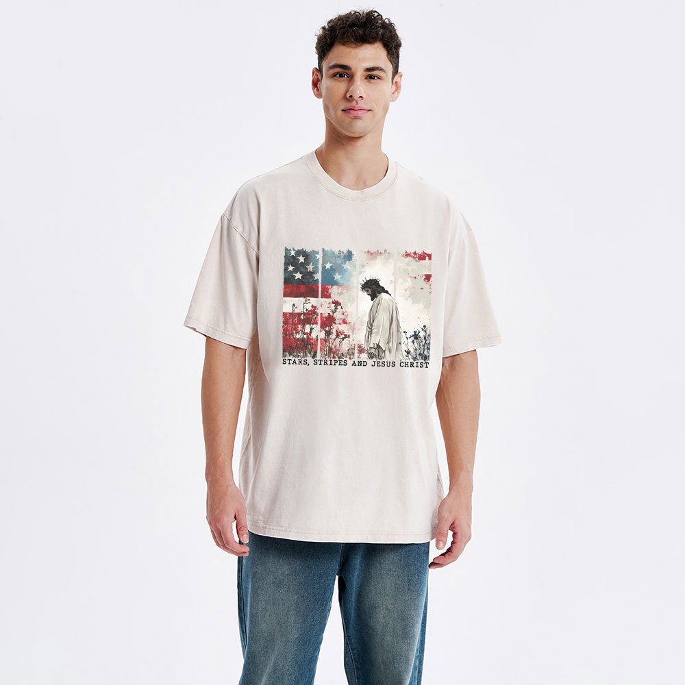 Star Stripes And Jesus Christ Christian Washed T-Shirt