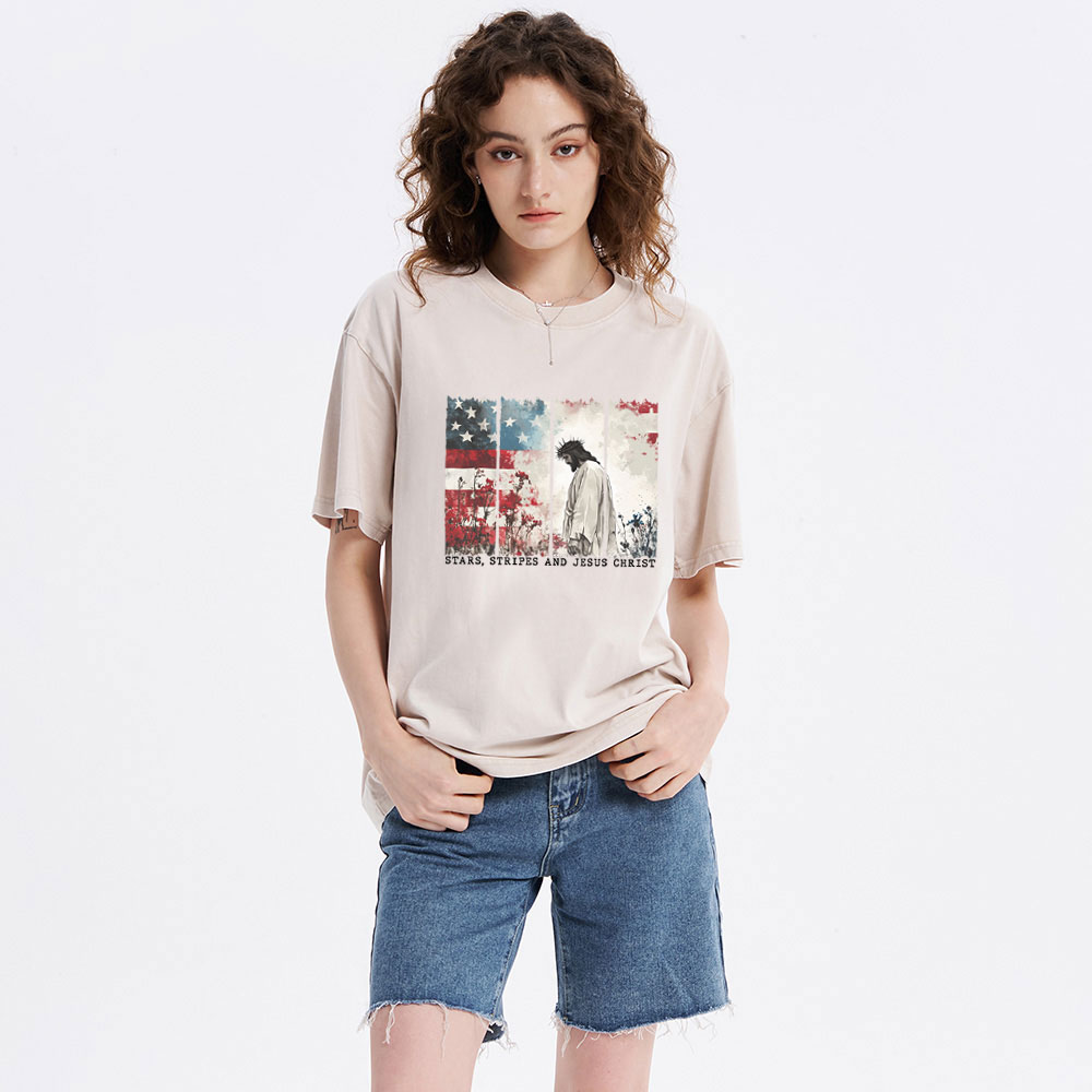 Star Stripes And Jesus Christ Christian Washed T-Shirt