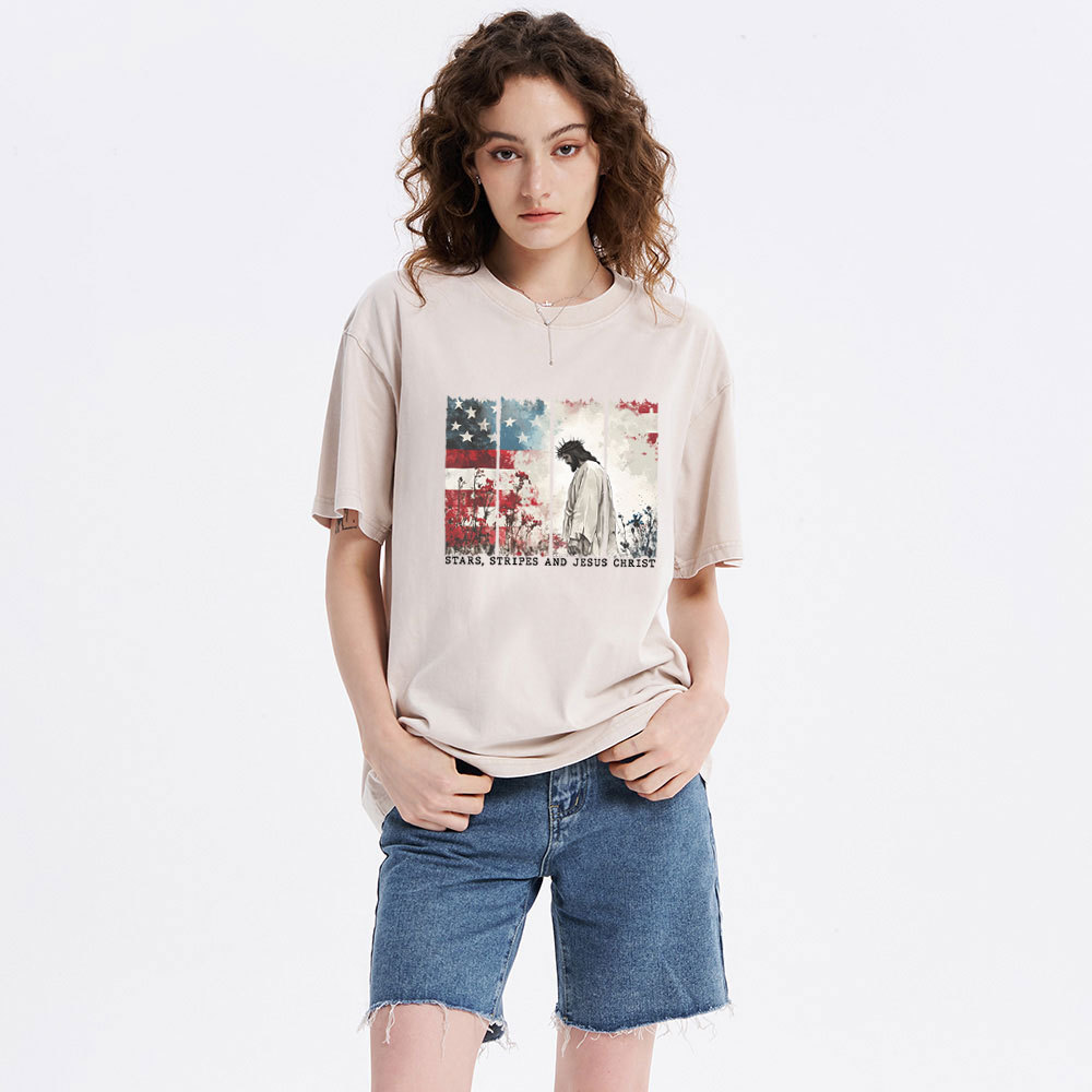 Star Stripes And Jesus Christ Christian Washed T-Shirt
