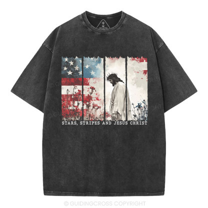 Star Stripes And Jesus Christ Christian Washed T-Shirt