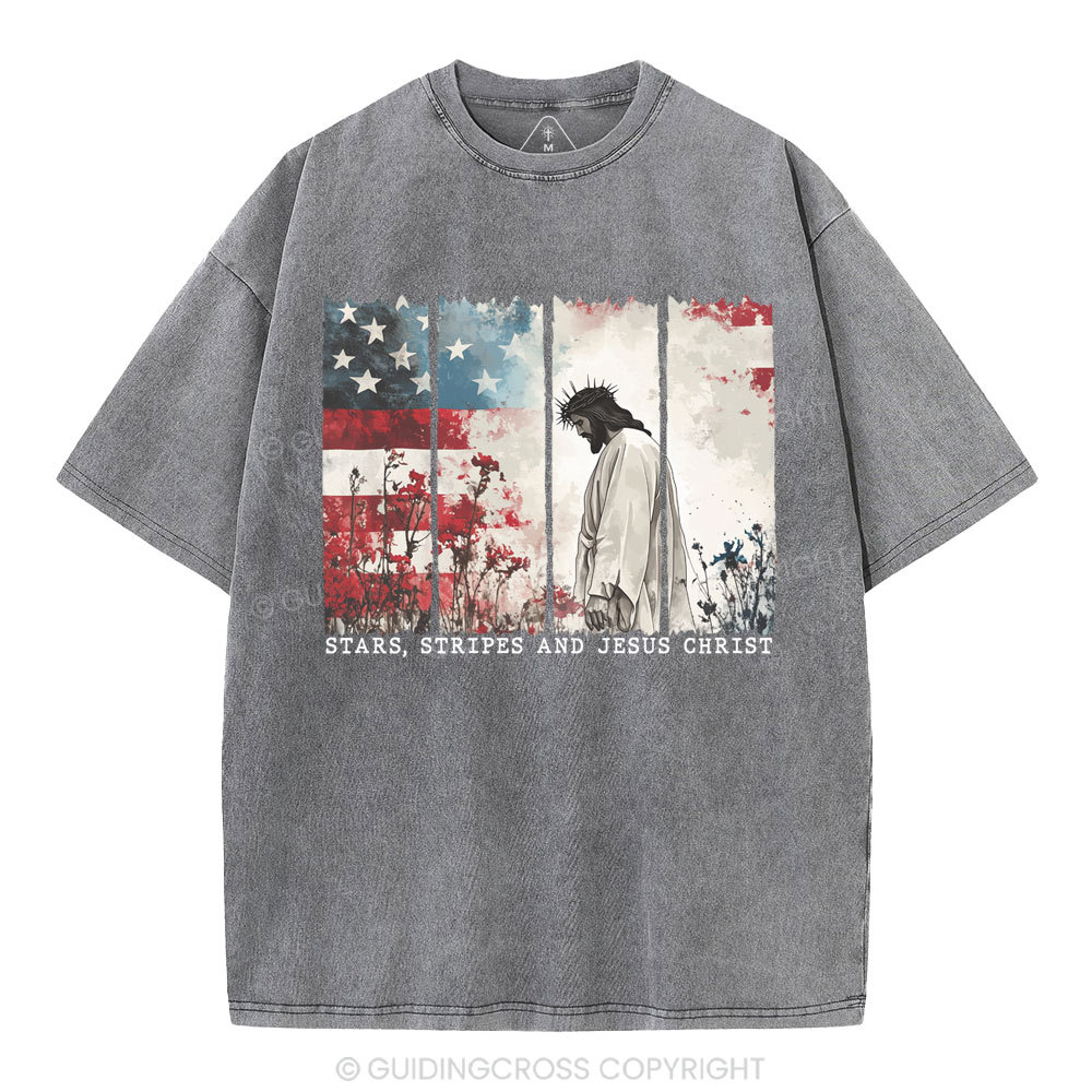 Star Stripes And Jesus Christ Christian Washed T-Shirt