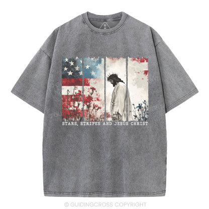 Star Stripes And Jesus Christ Christian Washed T-Shirt