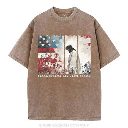 Star Stripes And Jesus Christ Christian Washed T-Shirt