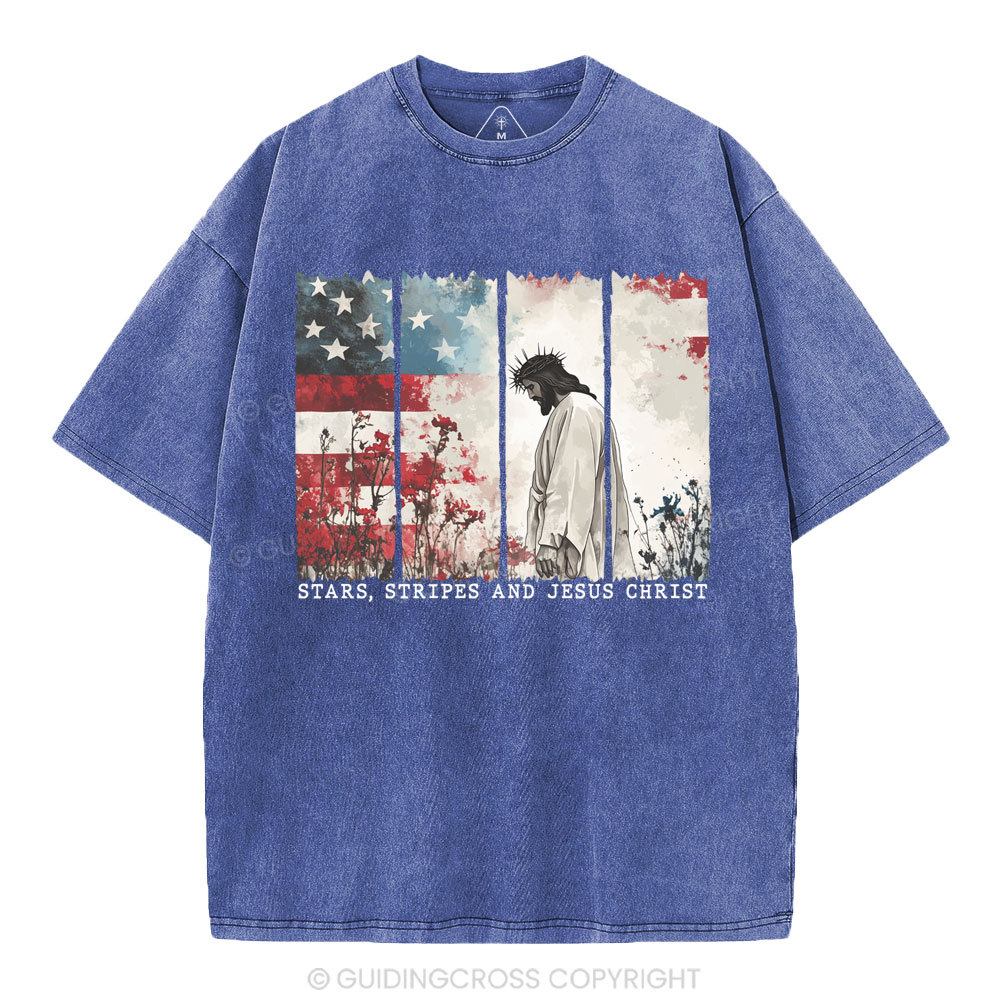Star Stripes And Jesus Christ Christian Washed T-Shirt