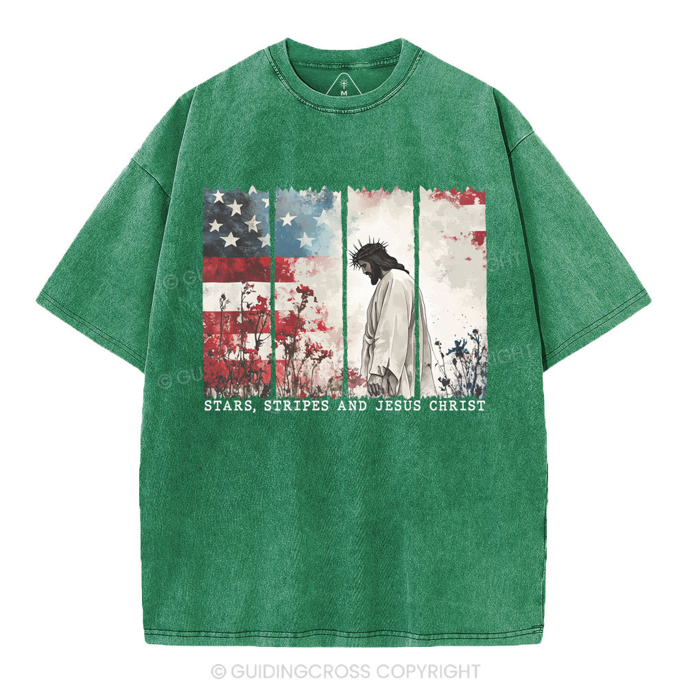 Star Stripes And Jesus Christ Christian Washed T-Shirt