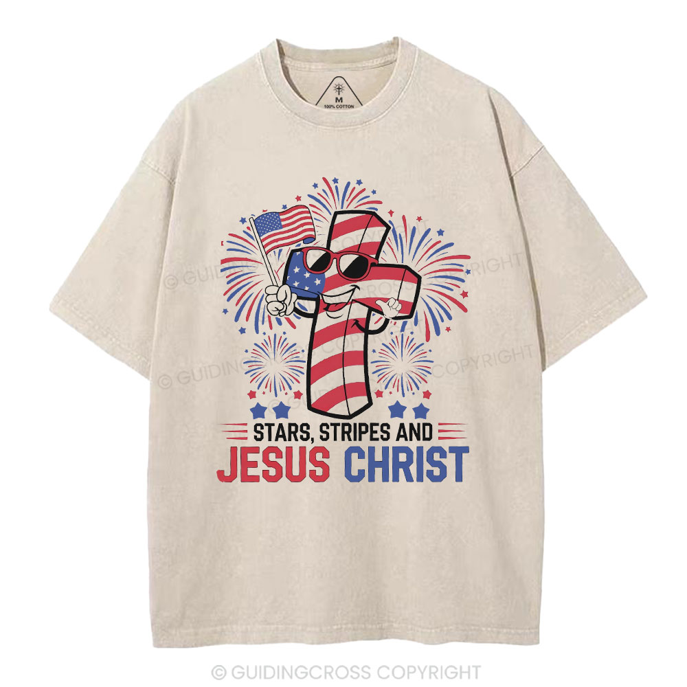 Stars Stripes And Jesus Christ Christian Washed T-Shirt