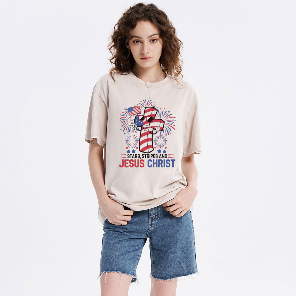 Stars Stripes And Jesus Christ Christian Washed T-Shirt