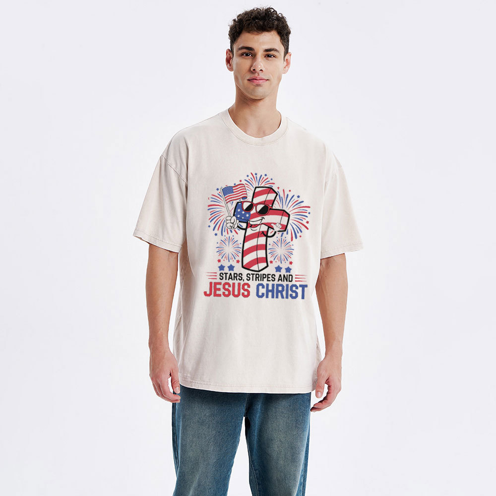Stars Stripes And Jesus Christ Christian Washed T-Shirt