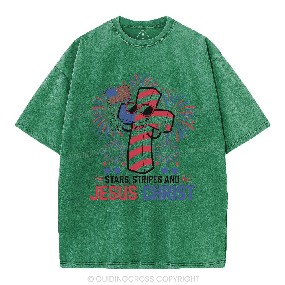 Stars Stripes And Jesus Christ Christian Washed T-Shirt