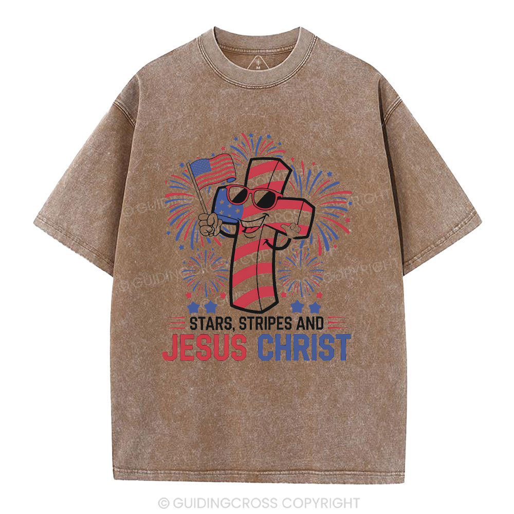 Stars Stripes And Jesus Christ Christian Washed T-Shirt