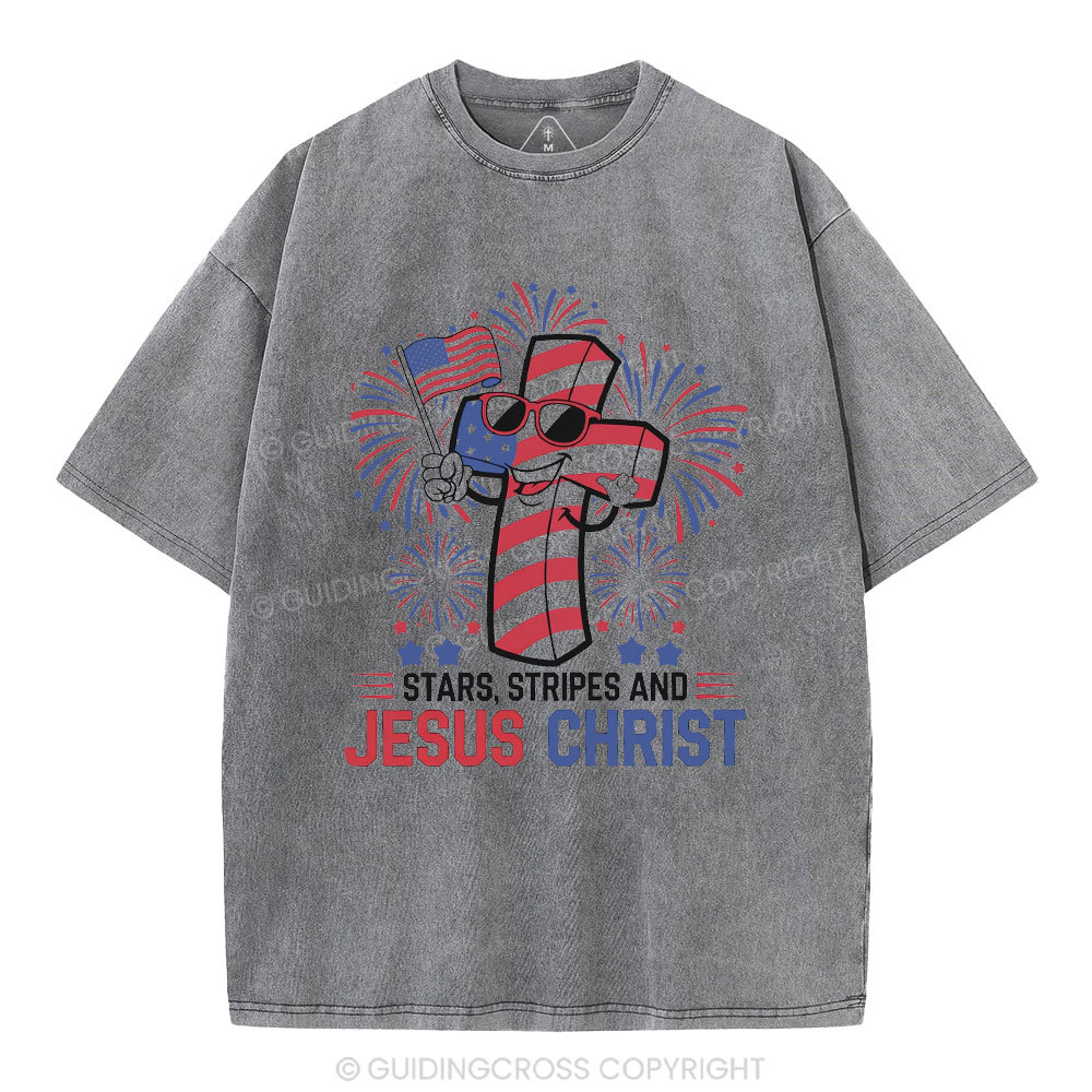 Stars Stripes And Jesus Christ Christian Washed T-Shirt