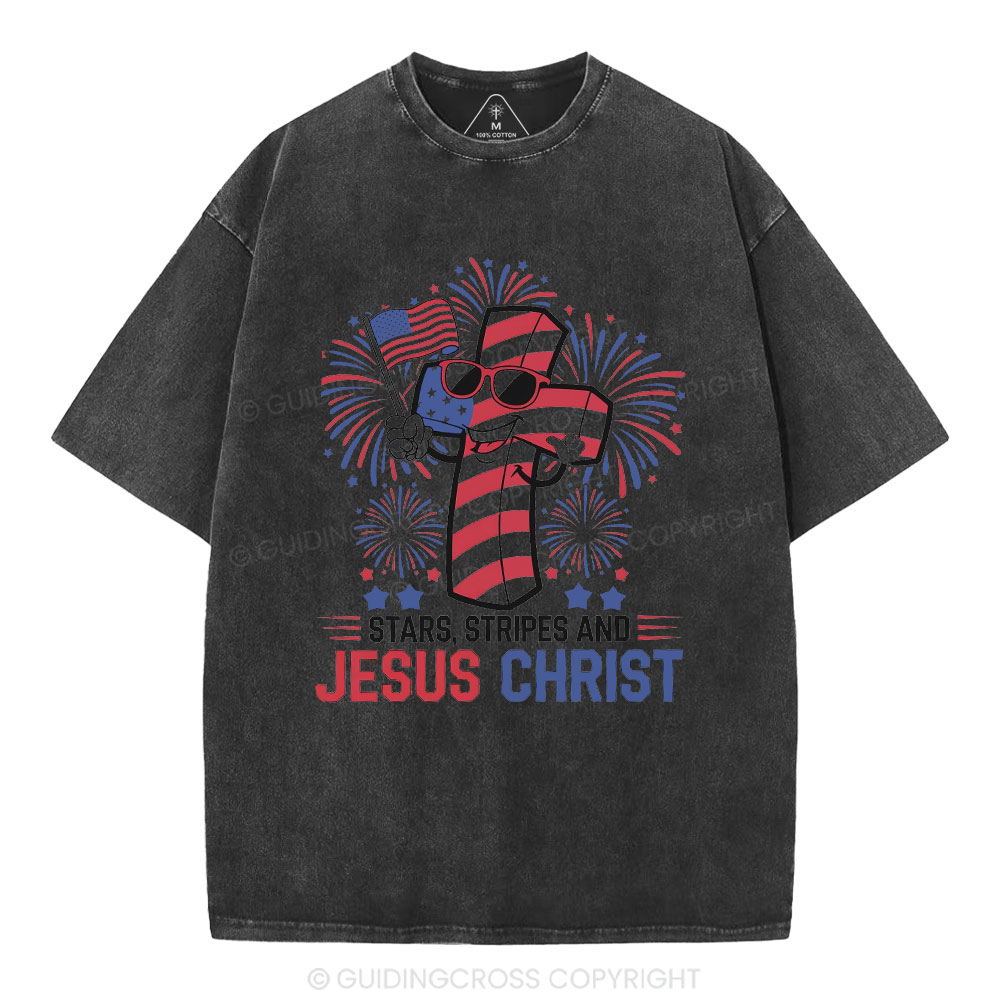Stars Stripes And Jesus Christ Christian Washed T-Shirt
