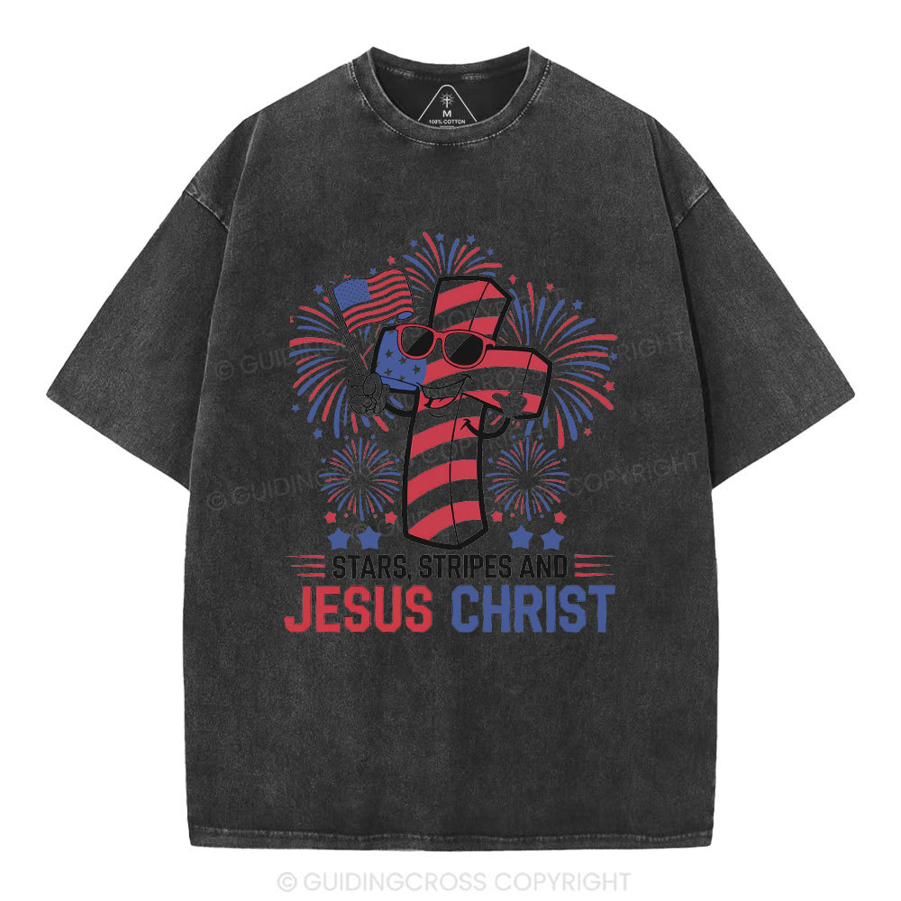 Stars Stripes And Jesus Christ Christian Washed T-Shirt