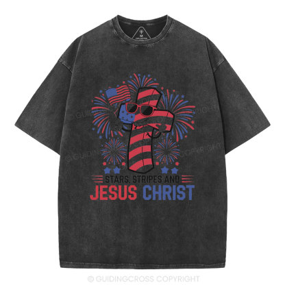 Stars Stripes And Jesus Christ Christian Washed T-Shirt