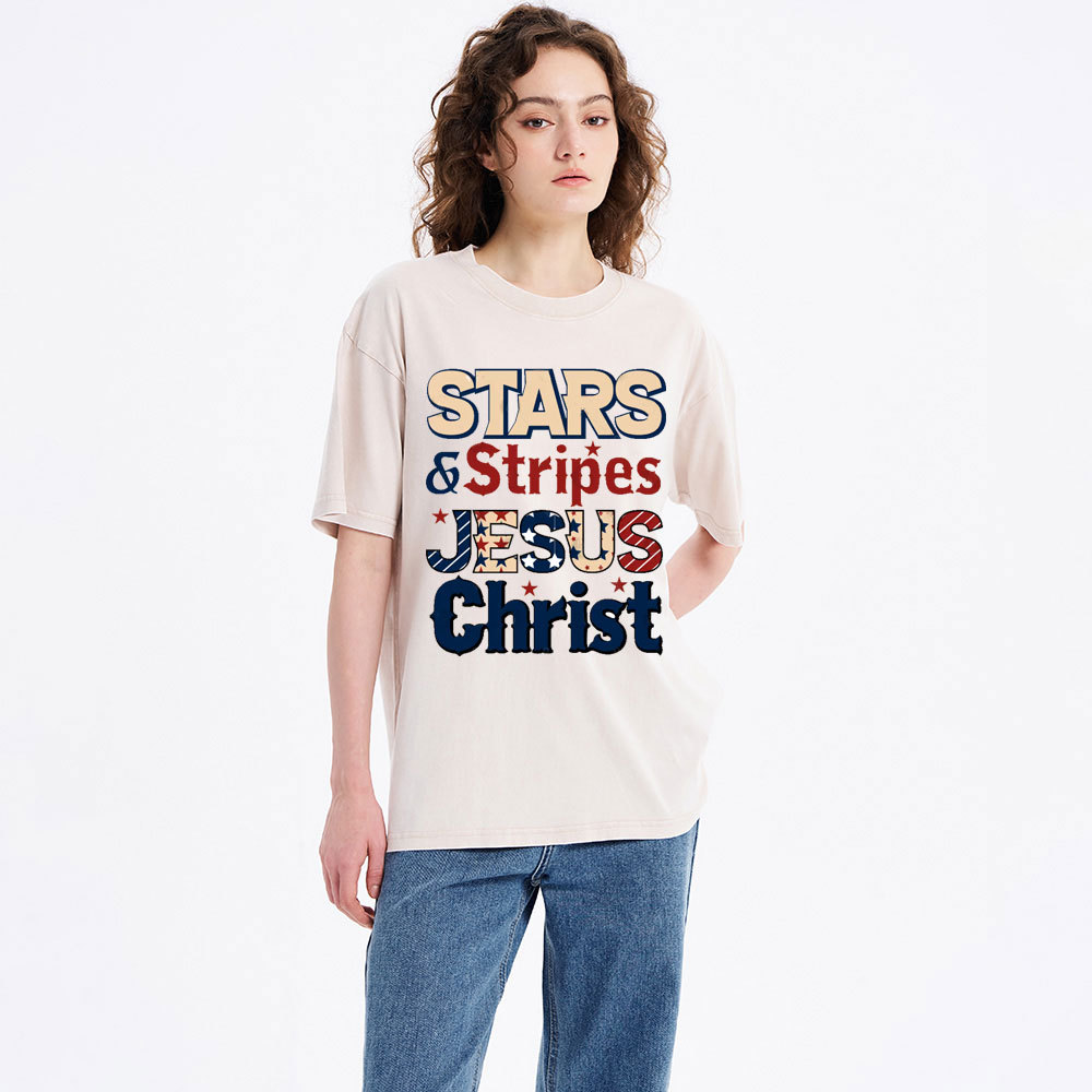 Stars & Stripes Jesus Christ Independence Day Christian Washed T-Shirt