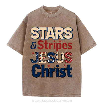 Stars & Stripes Jesus Christ Independence Day Christian Washed T-Shirt