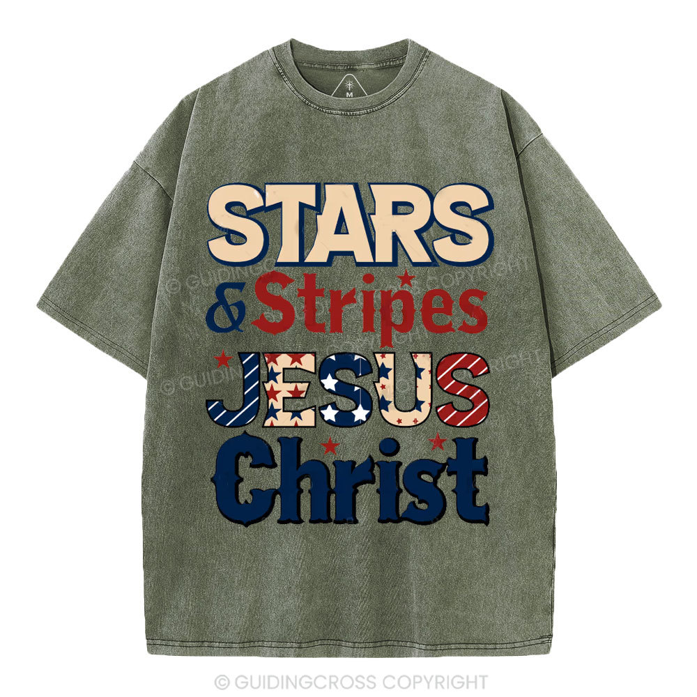 Stars & Stripes Jesus Christ Independence Day Christian Washed T-Shirt
