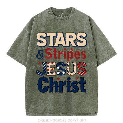 Stars & Stripes Jesus Christ Independence Day Christian Washed T-Shirt