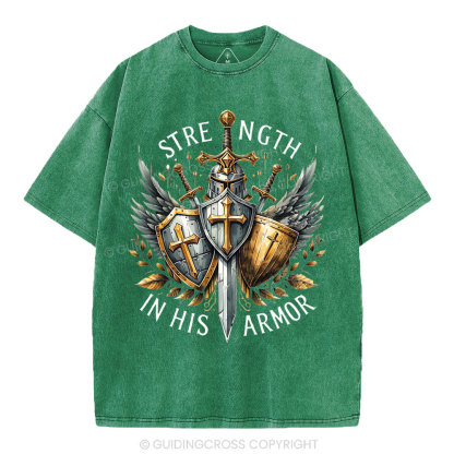 Strength In His Armor Christian Washed T-Shirt