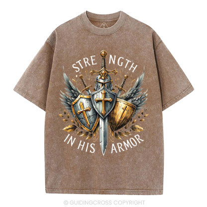 Strength In His Armor Christian Washed T-Shirt
