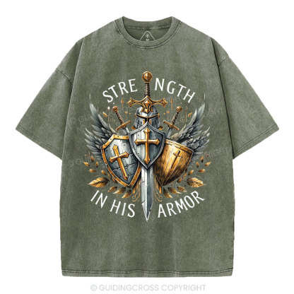 Strength In His Armor Christian Washed T-Shirt