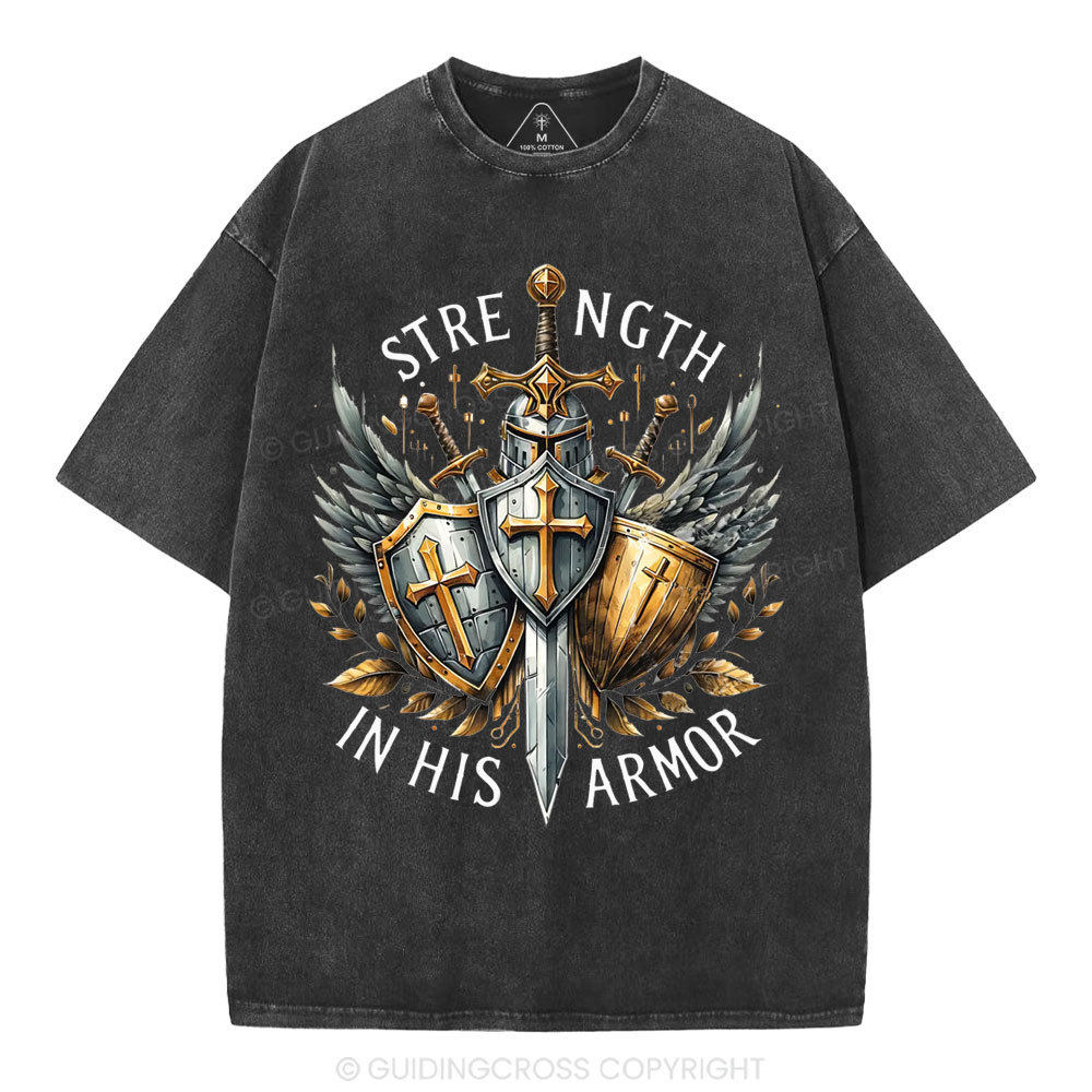 Strength In His Armor Christian Washed T-Shirt