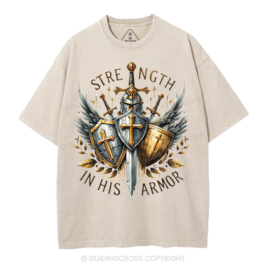 Strength In His Armor Christian Washed T-Shirt