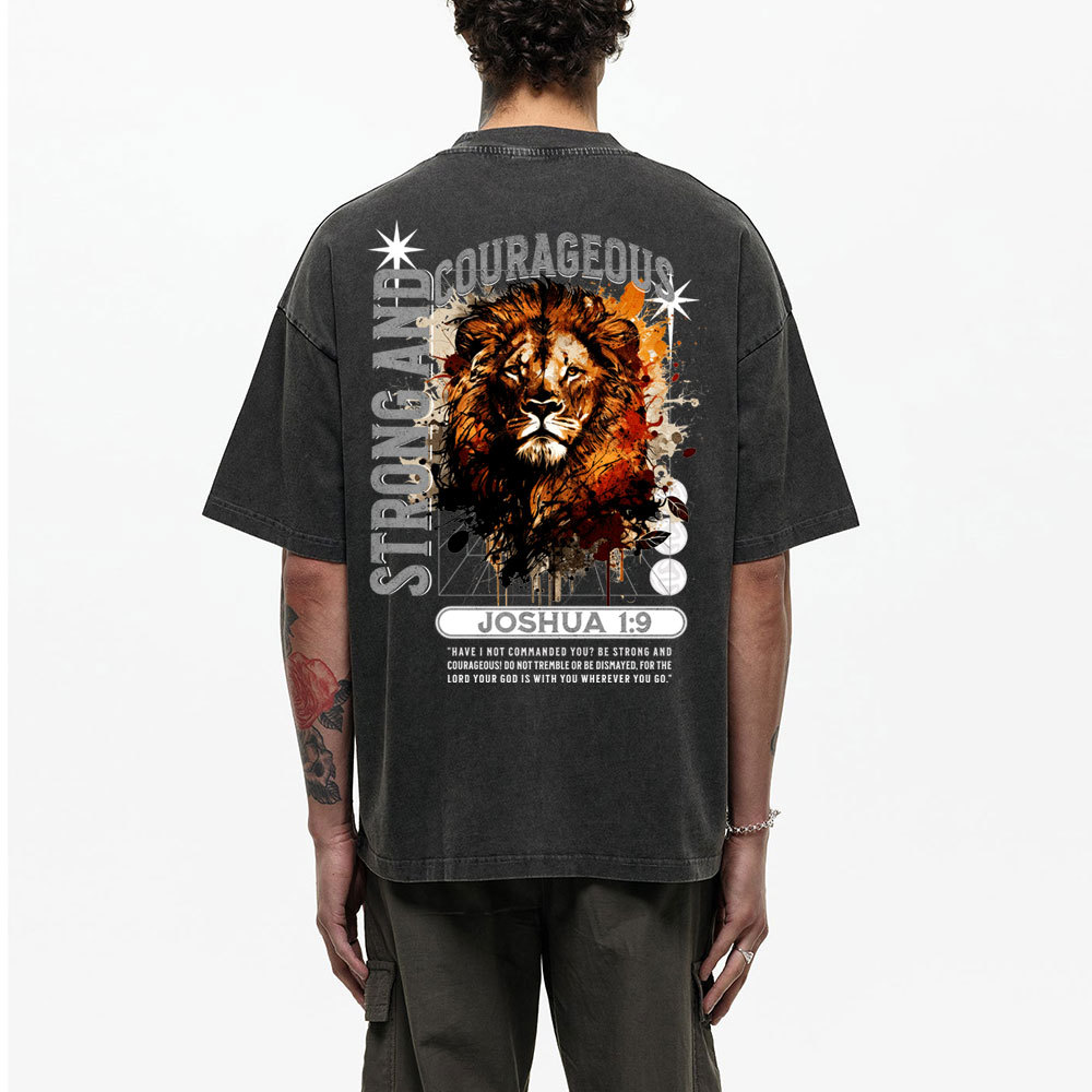 Strong And Courageous Joshua Lion Christian Washed T-Shirt