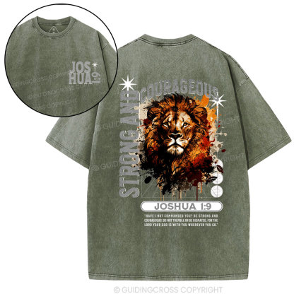 Strong And Courageous Joshua Lion Christian Washed T-Shirt