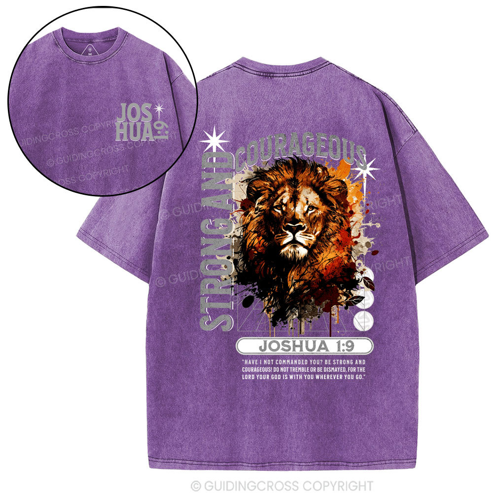 Strong And Courageous Joshua Lion Christian Washed T-Shirt