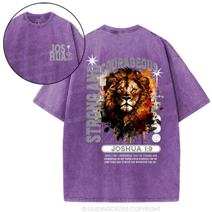 Strong And Courageous Joshua Lion Christian Washed T-Shirt