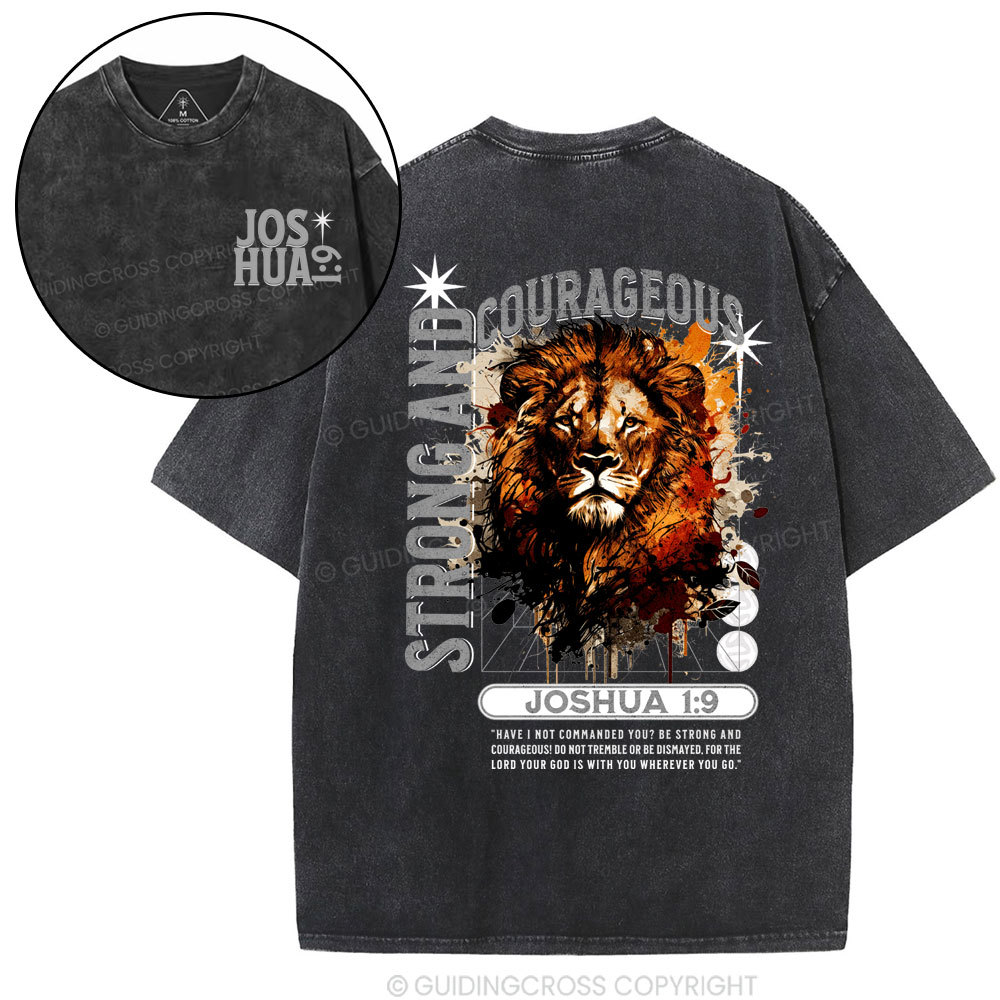 Strong And Courageous Joshua Lion Christian Washed T-Shirt