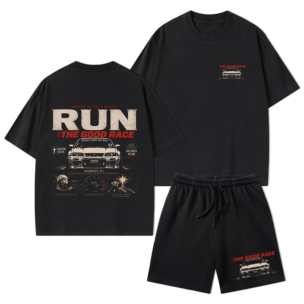 The Good Race Jesus Leads The Way Christian Washed T-Shirt & Shorts